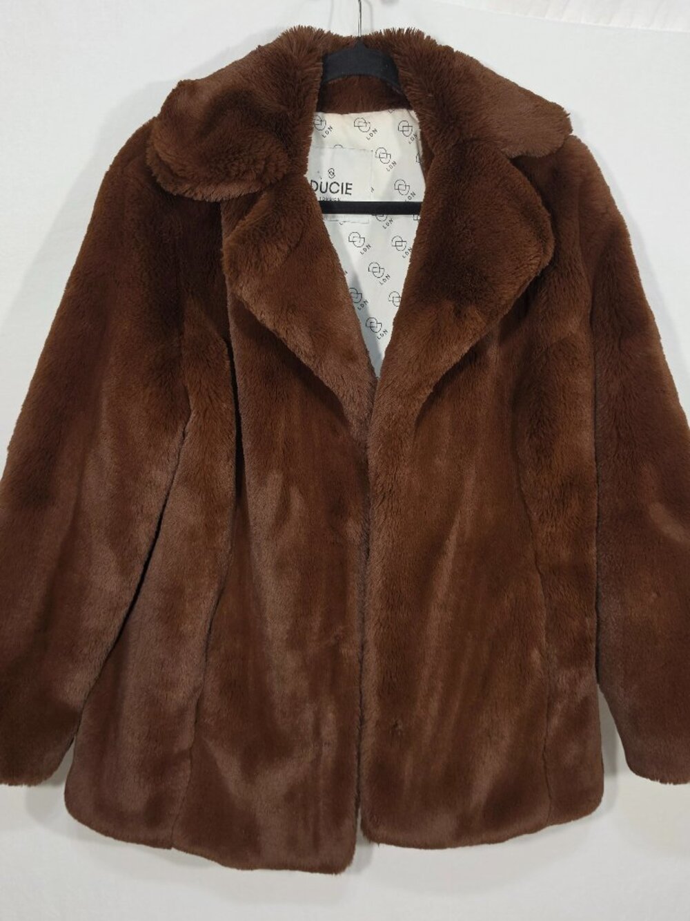 DUCIE London MOB-WIFE Girly Chocolate-Brown Faux-Fur Mid-Length Coat Women Sz. M